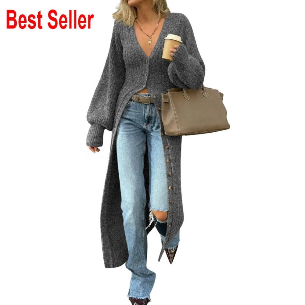 Chunky Knit V-Neck Maxi Cardigan Sweater Dress Elegant Layering Piece